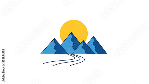 Minimalist vector illustration of blue mountains with a yellow sun rising behind them and a winding path