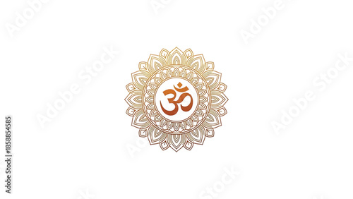 Om symbol in a golden-brown mandala, radiating peace, on a clean white background