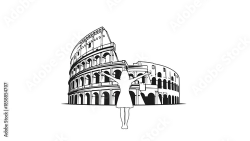 Outline drawing of a person with outstretched arms facing a historical Roman amphitheater