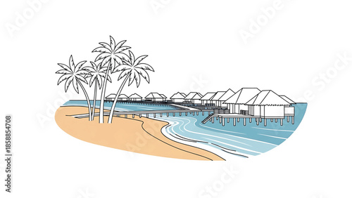 Outline drawing of a tropical beach with palm trees and overwater bungalows by a sandy shore