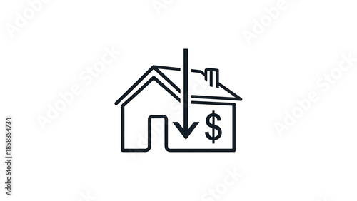 Outline icon of a house with a downward arrow impacting a dollar sign, signifying decreasing property value or cost