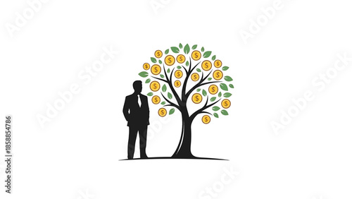Silhouette of a businessman next to a money tree laden with gold dollar coins on a white background
