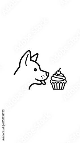 Outline illustration of a dog with its tongue out, happily looking at a cupcake with frosting and a cherry