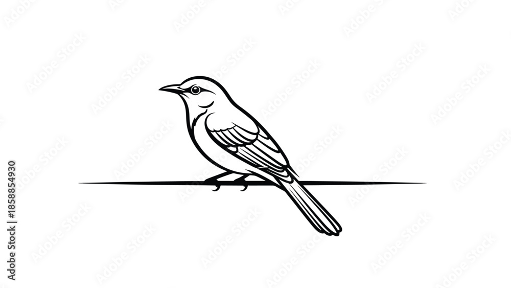 Fototapeta premium Simple black outline drawing of a small passerine bird perched on a horizontal line, facing left