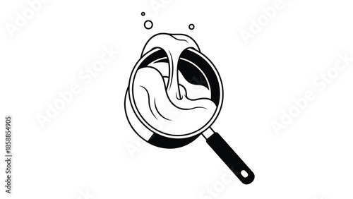 Simple black and white line art depicts a pan with a boiling, stretchy, viscous substance and bubbles