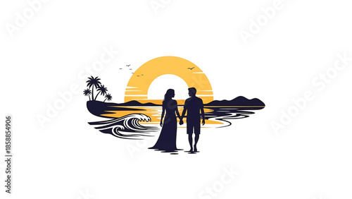 Silhouettes of a couple holding hands on a tropical beach at sunset with palm trees, waves, and mountains