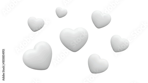 Several white, glossy 3D heart shapes in various sizes float against a plain white background