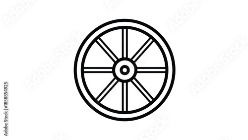 Simple black line art illustration of a classic spoked wheel on a plain white background, vector graphic