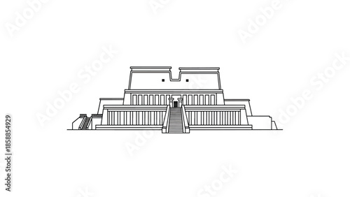 Simple black outline drawing of a grand ancient temple structure with columns, stairs, and a multi-tiered roof