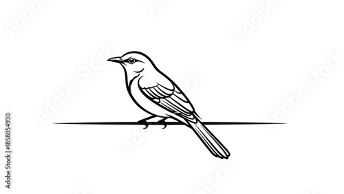 Simple black outline drawing of a small passerine bird perched on a horizontal line, facing left