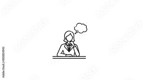 Simple black outline drawing of a woman in a suit, chin on hand, with a thought bubble above her head