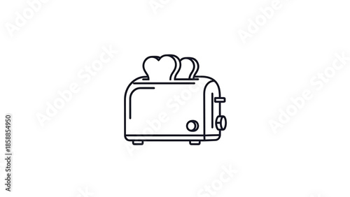 Simple black outline icon of a household toaster with two pieces of bread popping up, on white