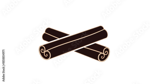 Simple illustration of two brown cinnamon sticks crossed, with light brown outlines, on a white background