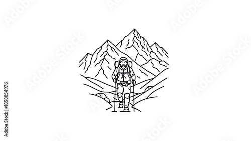 Simple line art of a smiling person hiking with a backpack and poles in a mountain valley