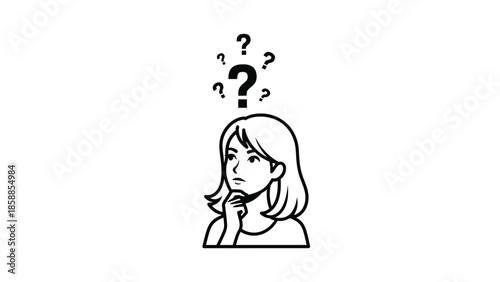 Simple black outline illustration of a thoughtful woman with question marks floating above her head on white