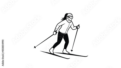 Simple monochrome illustration of a female figure cross-country skiing with poles on white background