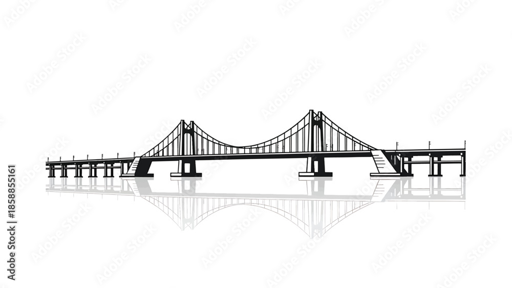Obraz premium Sleek black silhouette of a large suspension bridge with its subtle reflection on a bright white background