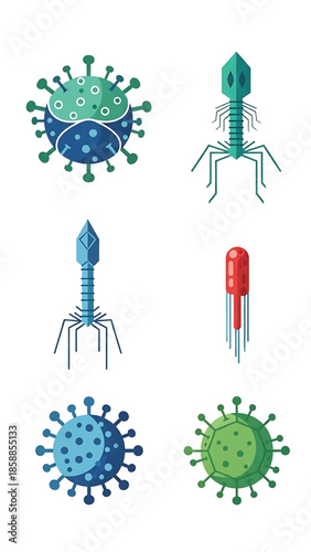 Six stylized illustrations of various viruses and bacteriophages in blue, green, and red hues