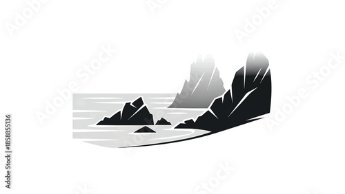 Stylized black and grey minimalist vector illustration of jagged sea rocks emerging from calm water
