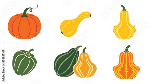 Six vibrant stylized gourds and pumpkins in various shapes, patterns, and colors on a white background