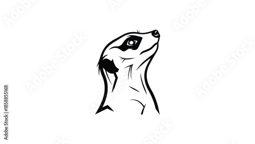 Stylized black and white illustration of a meerkat's head and neck, looking up with an alert gaze