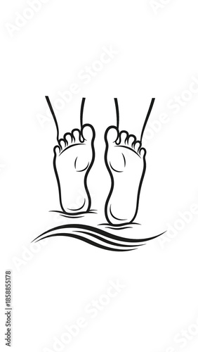 Stylized black and white illustration of two bare feet standing on abstract waves or ripples