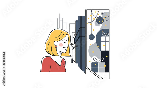 Smiling woman with blonde hair looks into a festive shop window decorated with gifts and ornaments in a city setting