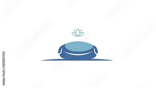 Stylized blue figure in a meditative pose with an abstract lotus flower above, on a white background
