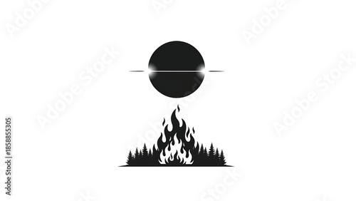 Stylized black graphic of a mysterious celestial body over a burning forest silhouette on white background