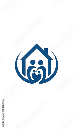 Stylized blue house icon with abstract family figures and a heart shape, symbolizing home and unity