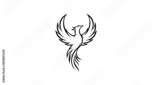 Stylized black line art of a phoenix bird rising with majestic outstretched wings on a pure white background