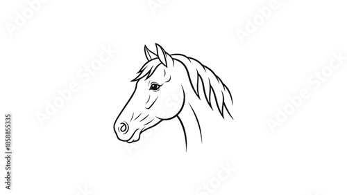 Stylized black outline illustration of a horse head in profile on a white background, featuring mane details