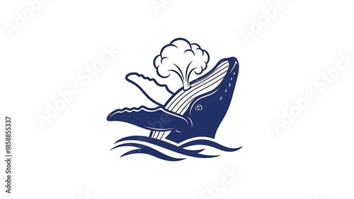 Stylized blue whale emerges from the ocean, spouting water high into the air, with waves below