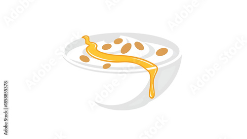 Stylized bowl of creamy dessert with brown toppings and golden honey drizzling down the side