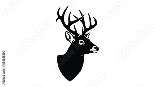 Stylized black silhouette of a deer head with prominent antlers on a stark white background