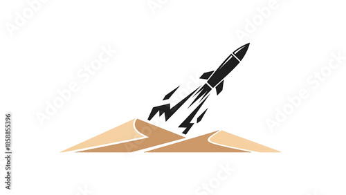 Stylized black rocket launching from light brown desert dunes with exhaust flames, against a white background