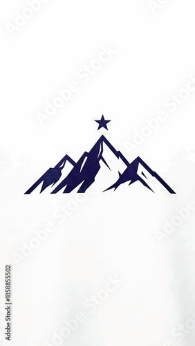 Stylized dark blue mountain range with sharp peaks and a star on the tallest, set against a white background