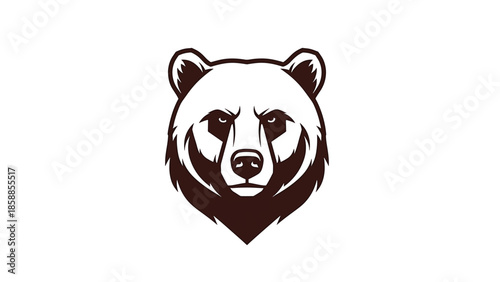 Stylized dark brown bear head illustration on a white background, with an intense expression