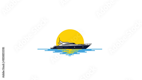 Stylized graphic of a dark blue yacht sailing on blue water with a bright yellow sun setting behind it