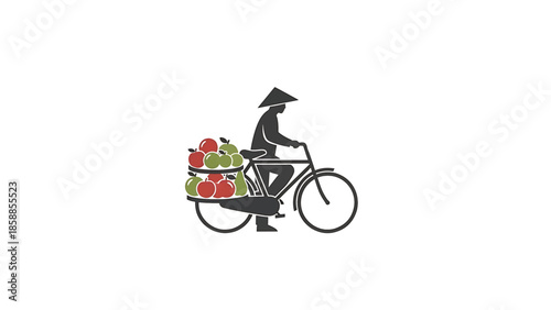 Stylized graphic of a person in a conical hat riding a bicycle, carrying baskets of red and green apples