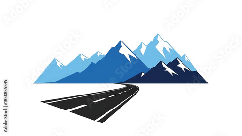 Stylized graphic of a winding black road leading towards a range of blue mountains with white snow caps