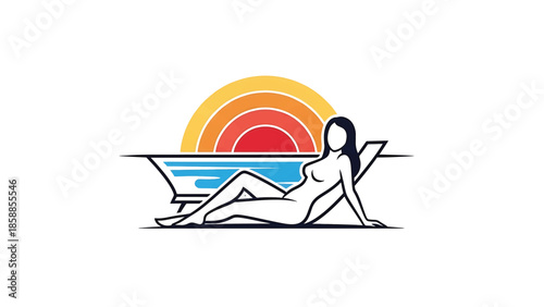 Stylized graphic of a woman reclining on a lounge chair, with a colorful striped sun and blue water behind her