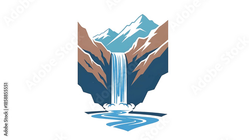 Stylized graphic of rugged mountains and a powerful waterfall flowing into a winding river below