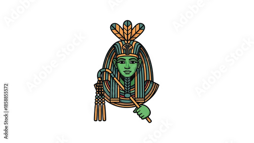 Stylized Egyptian pharaoh or deity with green skin, elaborate headdress, holding crook and flail
