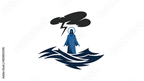 Stylized figure with halo standing on turbulent water under a storm cloud with lightning
