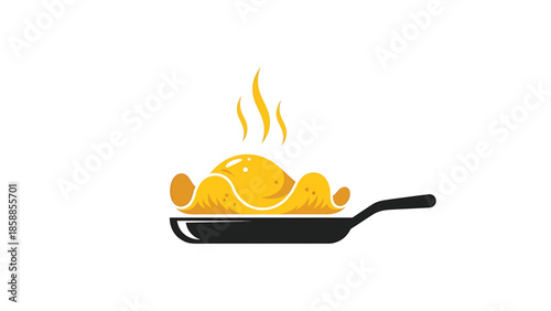 Stylized hot yellow food, resembling a chicken or omelet, cooking in a black frying pan with steam rising