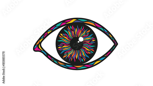 Stylized human eye with an iris made of colorful, flowing abstract shapes on a white background