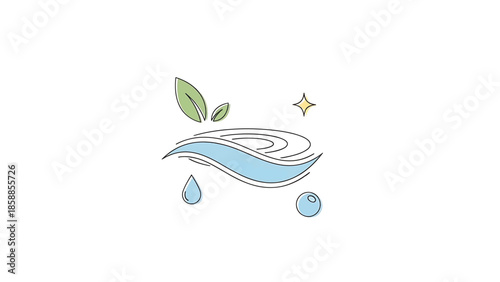 Stylized icon fresh air with green leaves, clean water flow, a droplet, a bubble, and a sparkle