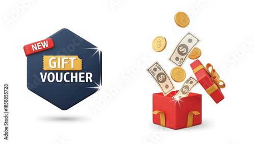 Stylized illustration blue gift voucher tag with 'NEW', red open box with money and coins flying out