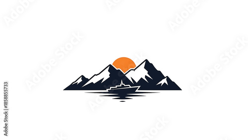 Stylized illustration of a boat sailing on water with mountains and a sun in the background, on a white canvas